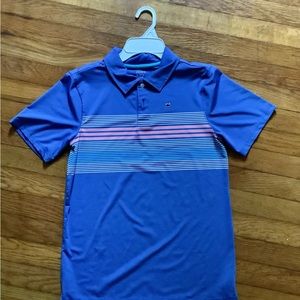 Crown & Ivy boys L 14/16 light blue and coral striped polo